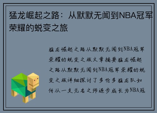 猛龙崛起之路：从默默无闻到NBA冠军荣耀的蜕变之旅